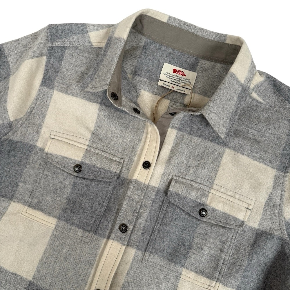 Fjallraven Canada Shirt Womens XL Gray Fog Chalk White Flannel Wool‎ Comfort Fit